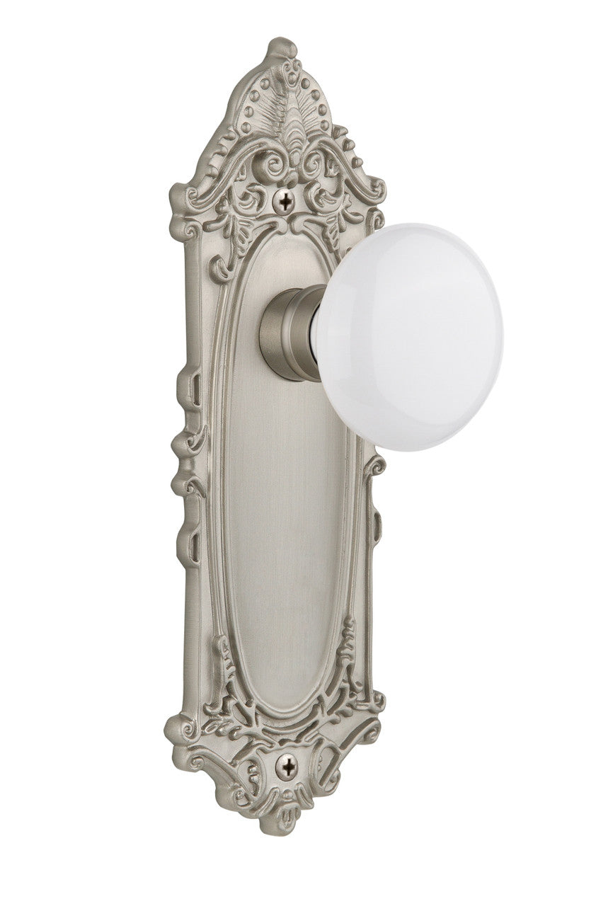 Nostalgic 702076: Victorian Backplate w/White Porcelain Knob Passage Door Set - Satin Nickel