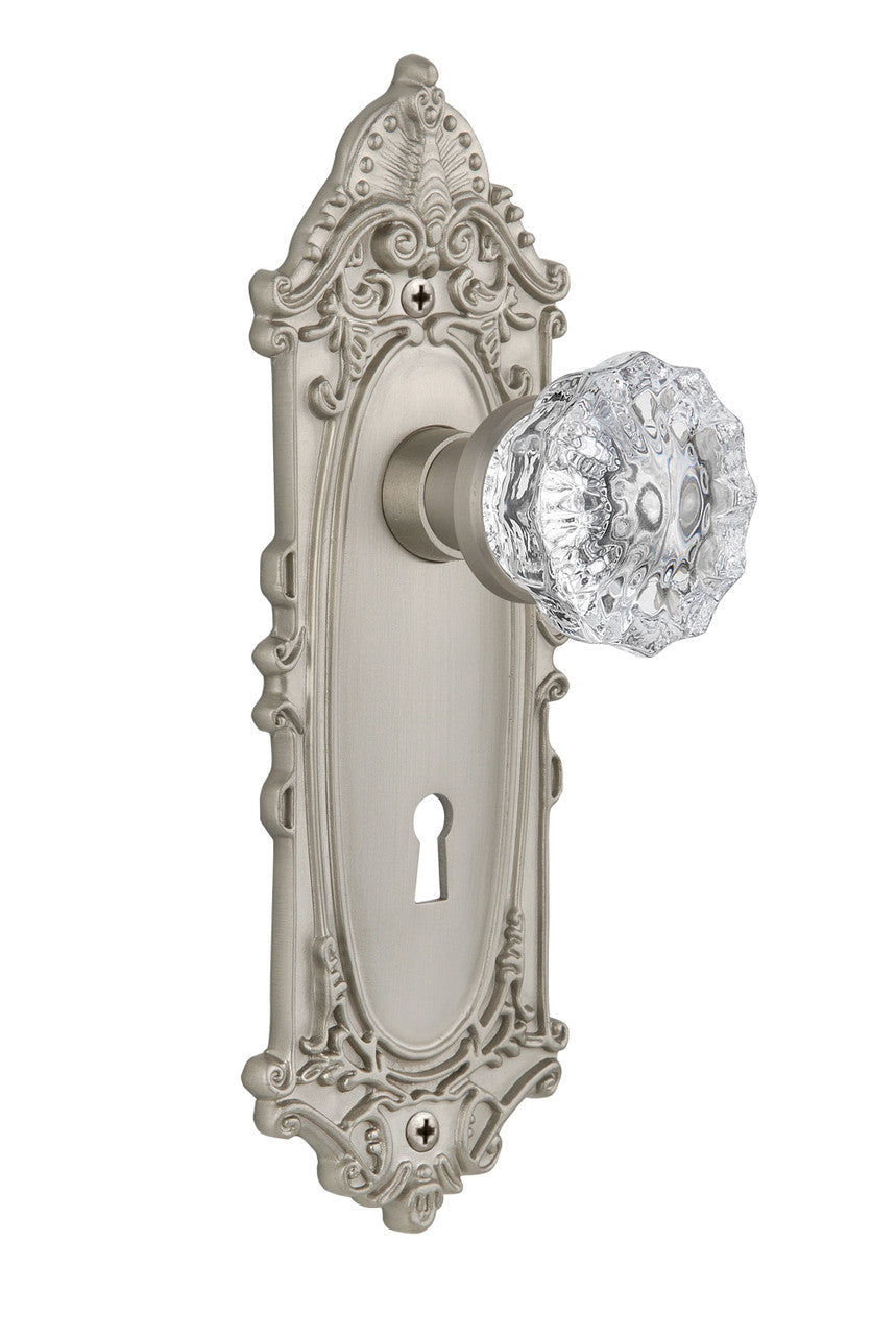 Nostalgic 702092: Victorian Backplate w/Clear Crystal Glass Knob Privacy Door Set - Satin Nickel
