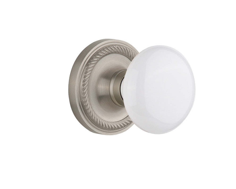 Nostalgic 702151: Rope Rosette w/White Porcelain Knob Privacy Door Set - Satin Nickel