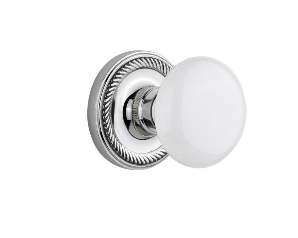 Nostalgic 702157: Rope Rosette w/White Porcelain Knob Passage Door Set - Bright Chrome