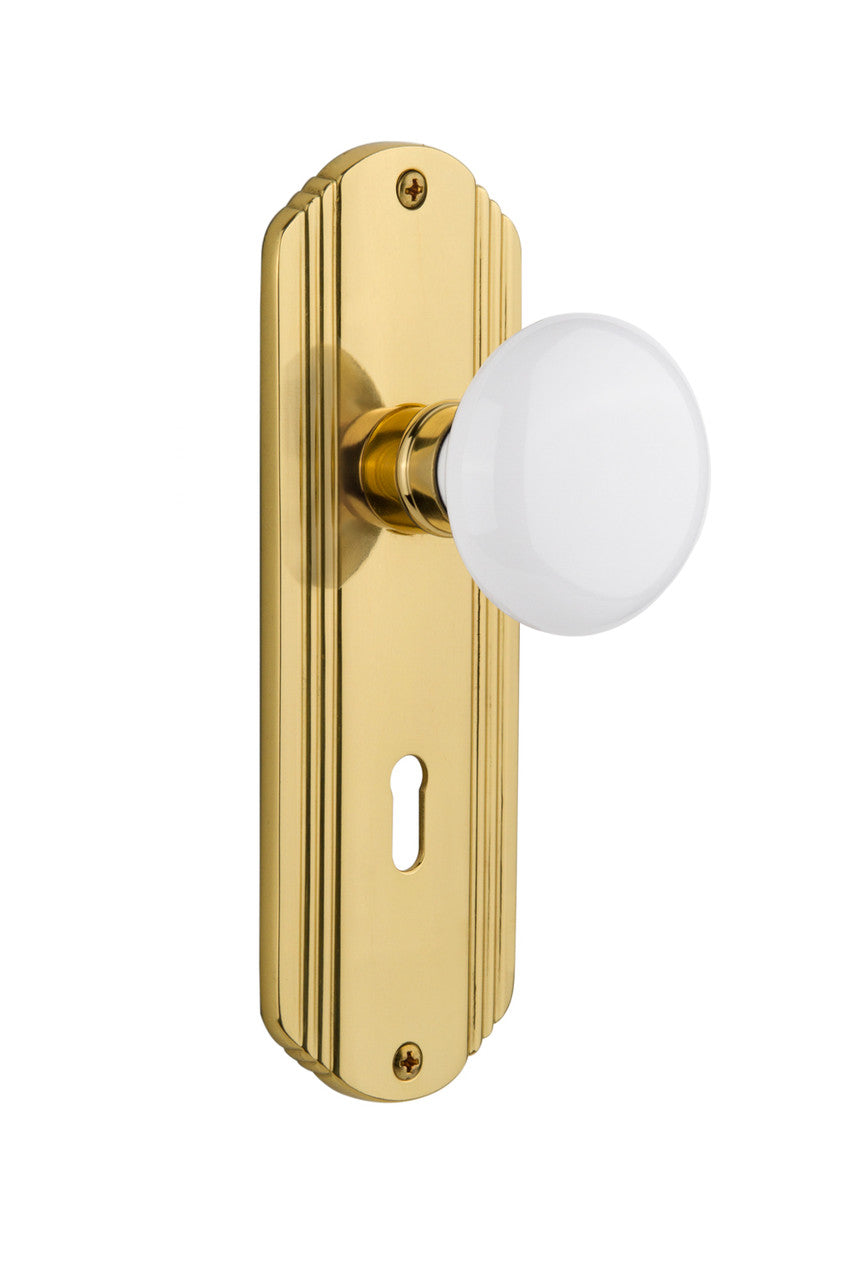 Nostalgic 702169: Deco Backplate w/White Porcelain Knob Privacy Door Set - Polished Brass