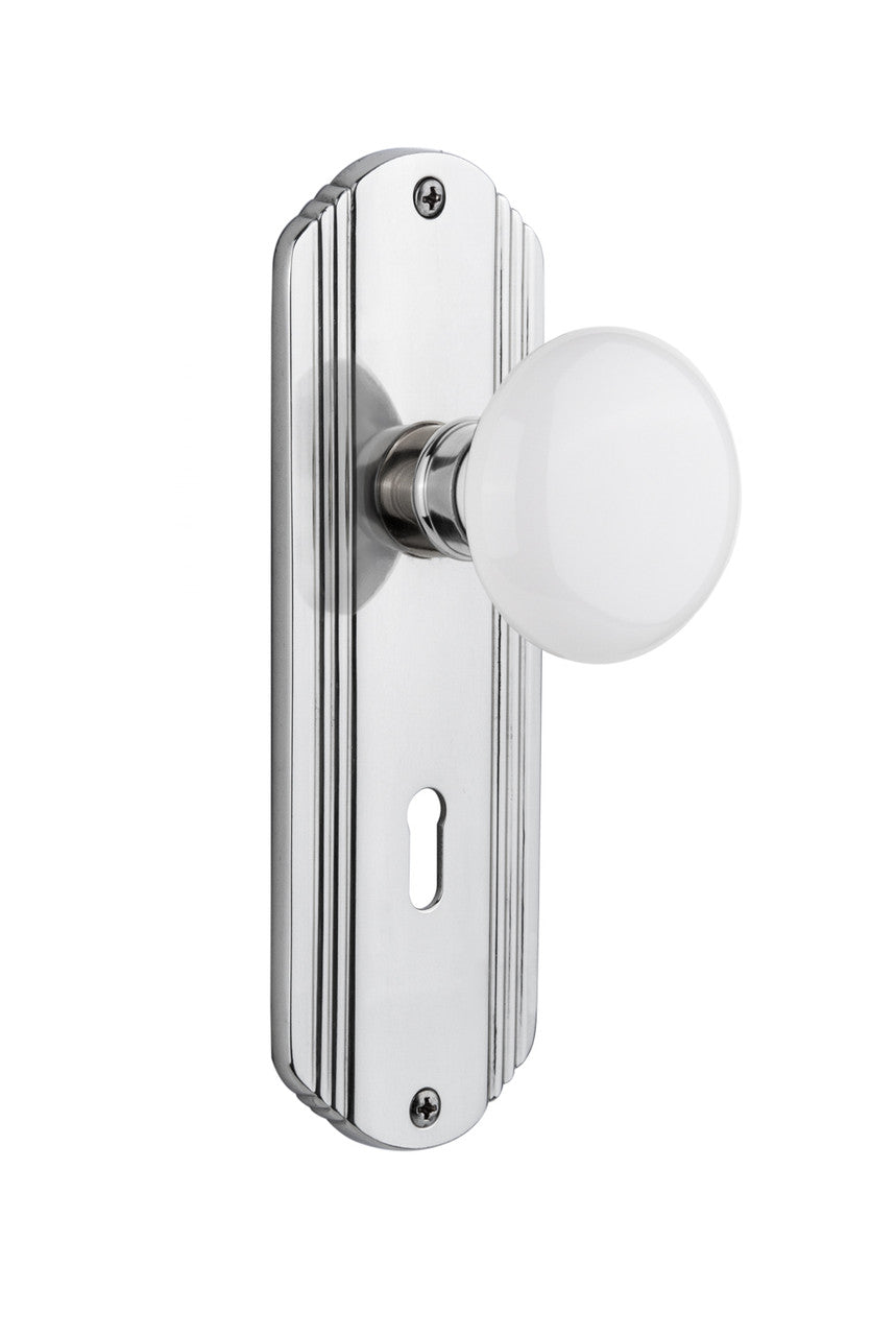 Nostalgic 702172: Deco Backplate w/White Porcelain Knob Passage Door Set - Bright Chrome