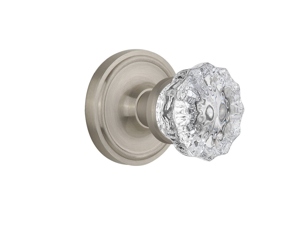 Nostalgic 702187: Classic Rosette w/Clear Glass Crystal Knob Passage Door Set - Satin Nickel