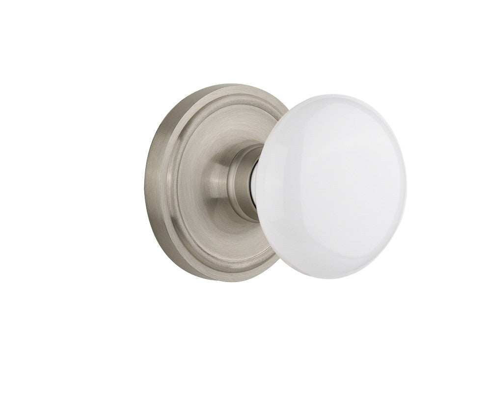 Nostalgic 702191: Classic Rosette w/White Porcelain Knob Single Dummy Door Set - Satin Nickel