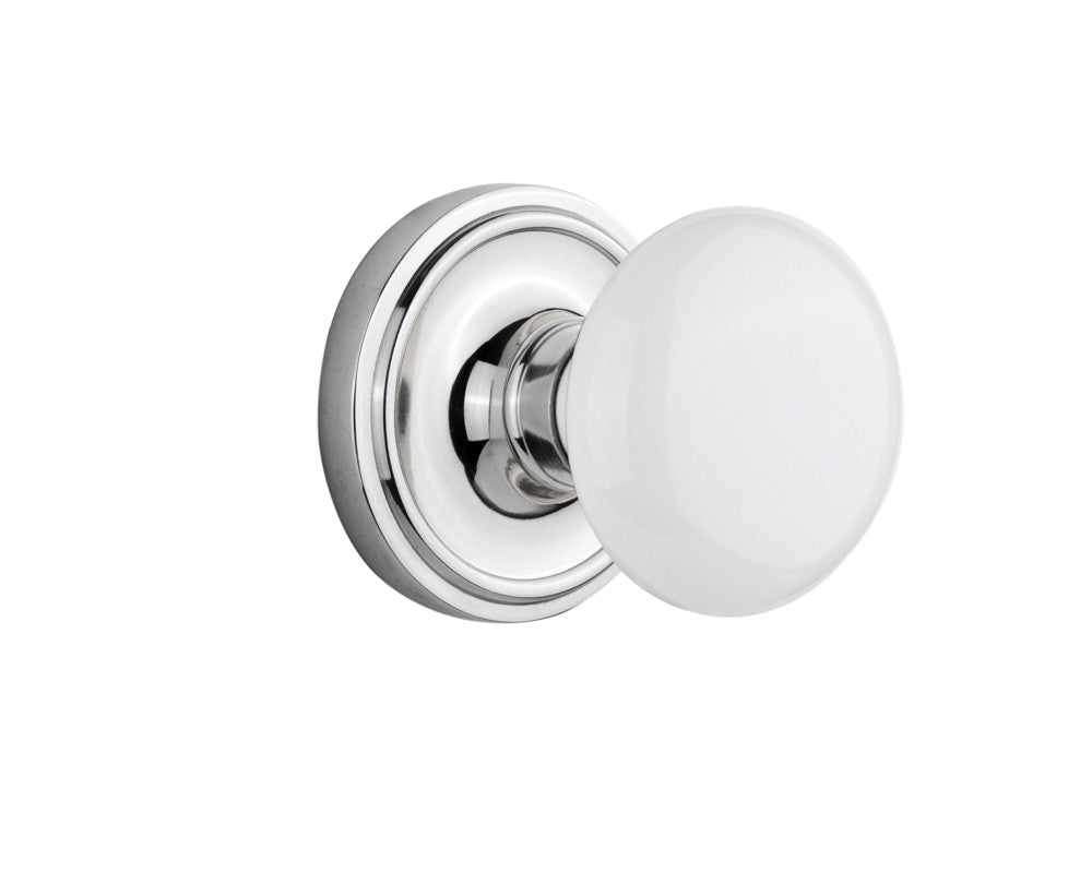 Nostalgic 702192: Classic Rosette w/White Porcelain Knob Single Dummy Door Set - Bright Chrome