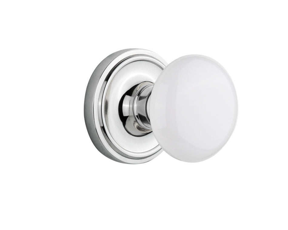 Nostalgic 702192: Classic Rosette w/White Porcelain Knob Single Dummy Door Set - Bright Chrome