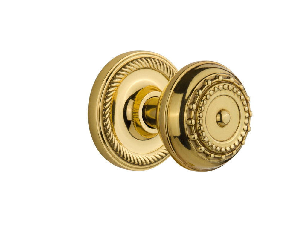 Nostalgic 702503: Rope Rosette w/Meadows Knob Privacy Door Set - Polished Brass