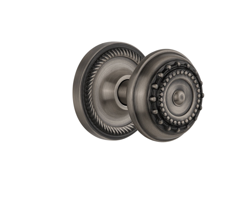 Nostalgic 702506: Rope Rosette w/Meadows Knob Passage Door Set - Antique Pewter