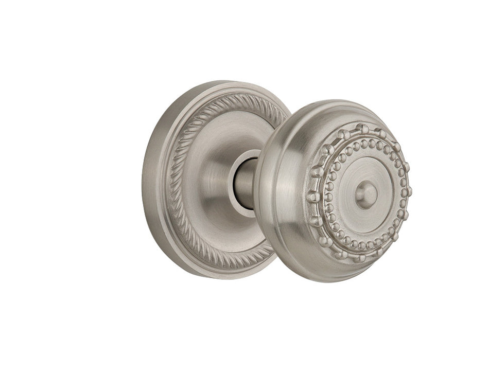 Nostalgic 702509: Rope Rosette w/Meadows Knob Passage Door Set - Satin Nickel