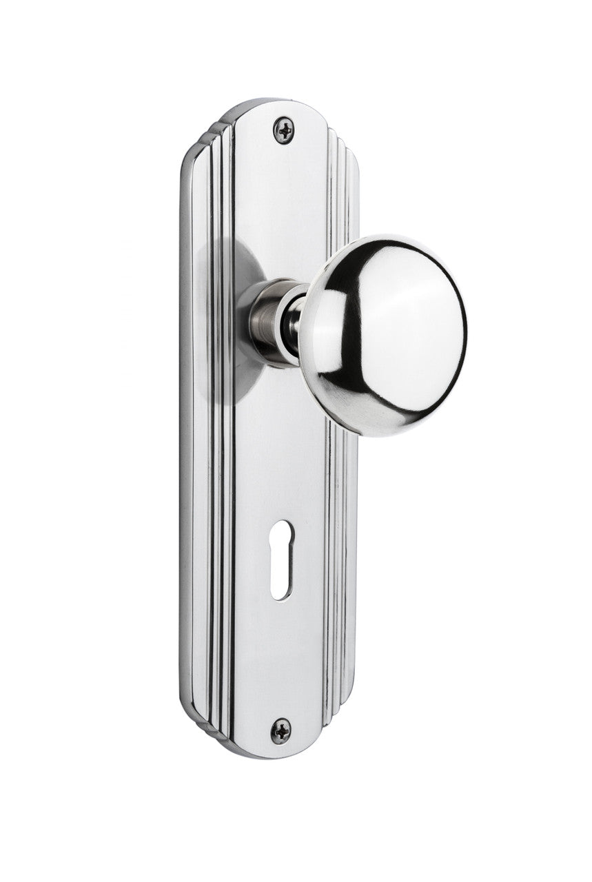 Nostalgic 702605: Deco Backplate w/New York Knob Privacy Door Set - Bright Chrome