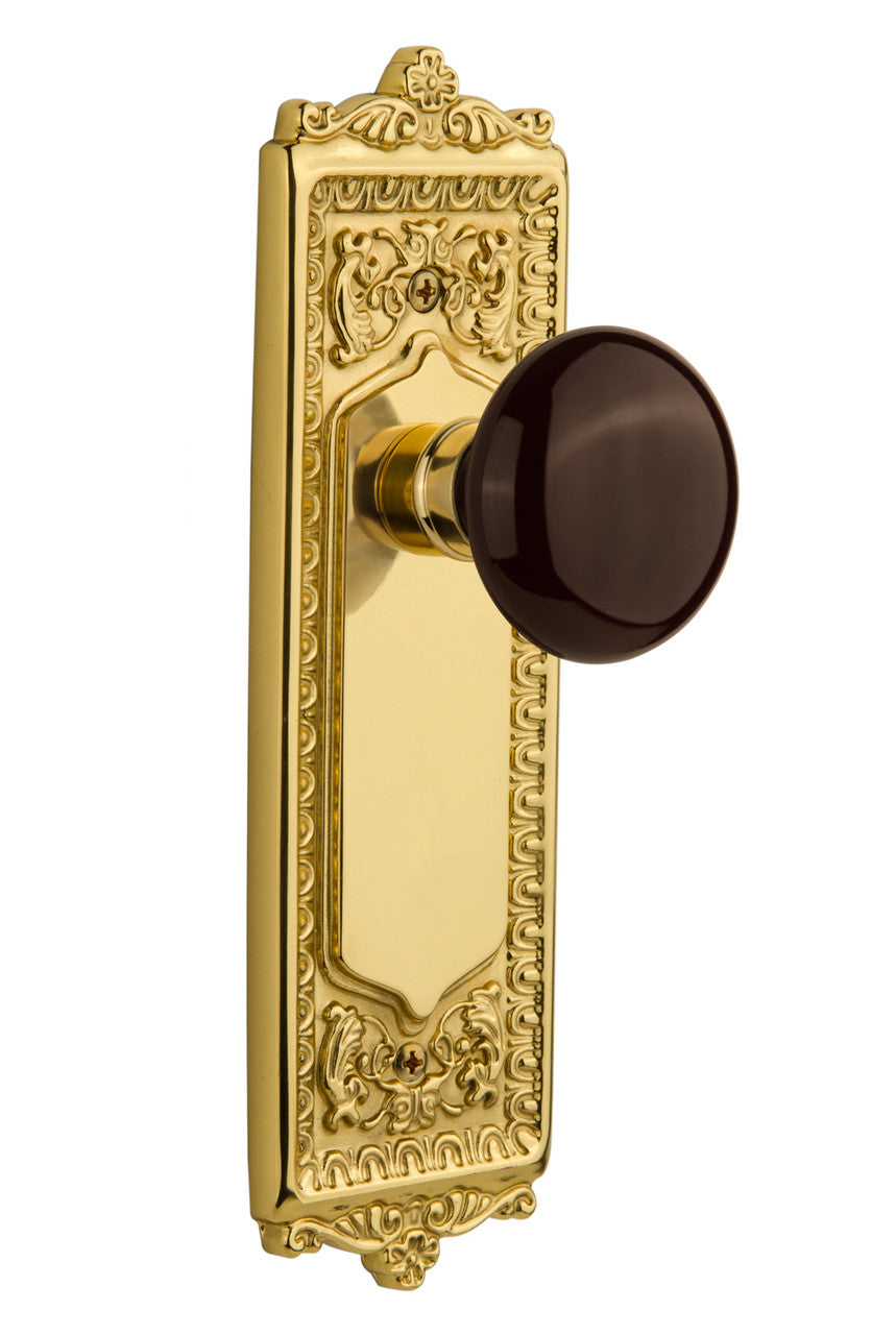 Nostalgic 702860: Egg & Dart Backplate w/Brown Porcelain Knob Single Dummy Door Set - Unlacquered Brass