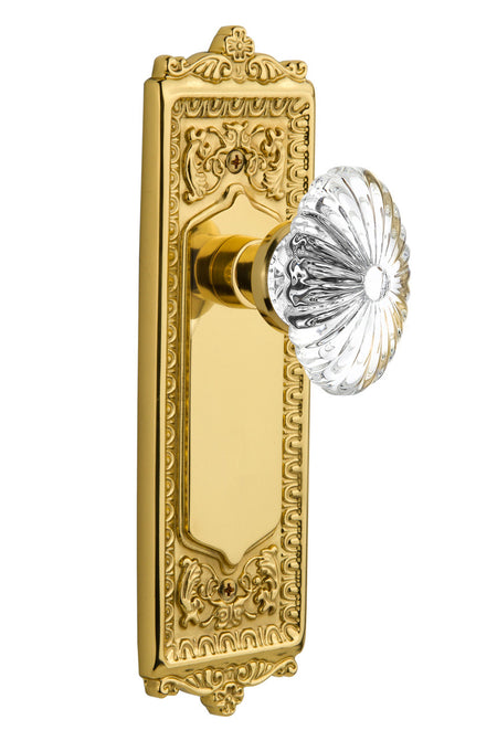Nostalgic 702862: Egg & Dart Backplate w/Oval Fluted Clear Glass Crystal Knob Single Dummy Door Set - Unlacquered Brass