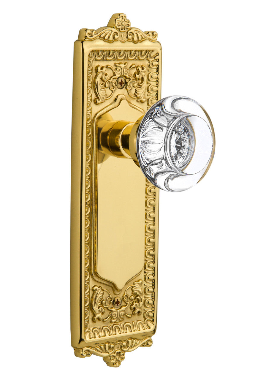 Nostalgic 702863: Egg & Dart Backplate w/Round Clear Glass Crystal Knob Single Dummy Door Set - Unlacquered Brass