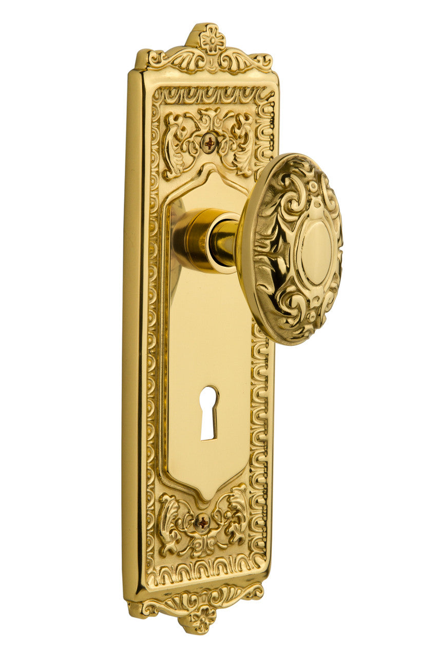 Nostalgic 702869: Egg & Dart Backplate w/Victorian Knob Single Dummy Door Set - Unlacquered Brass