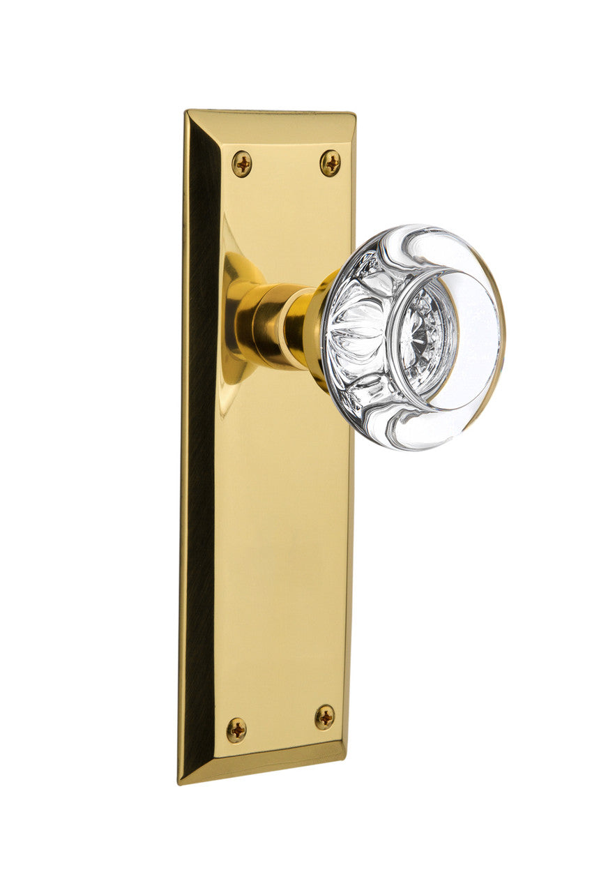 Nostalgic 702915: New York Backplate w/Round Clear Glass Crystal Knob Single Dummy Door Set - Unlacquered Brass