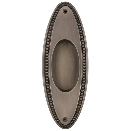 Nostalgic Warehouse 703010: 6-3/4" Oval Beaded Flush Door Pull - Antique Pewter