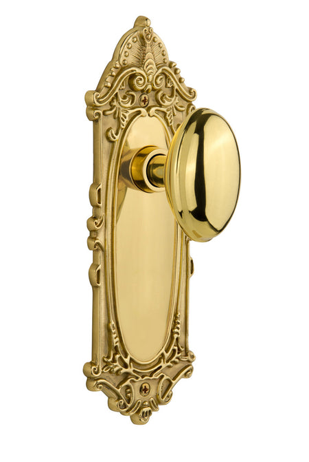 Nostalgic 704006: Victorian Backplate w/Homestead Knob Passage Door Set - Polished Brass