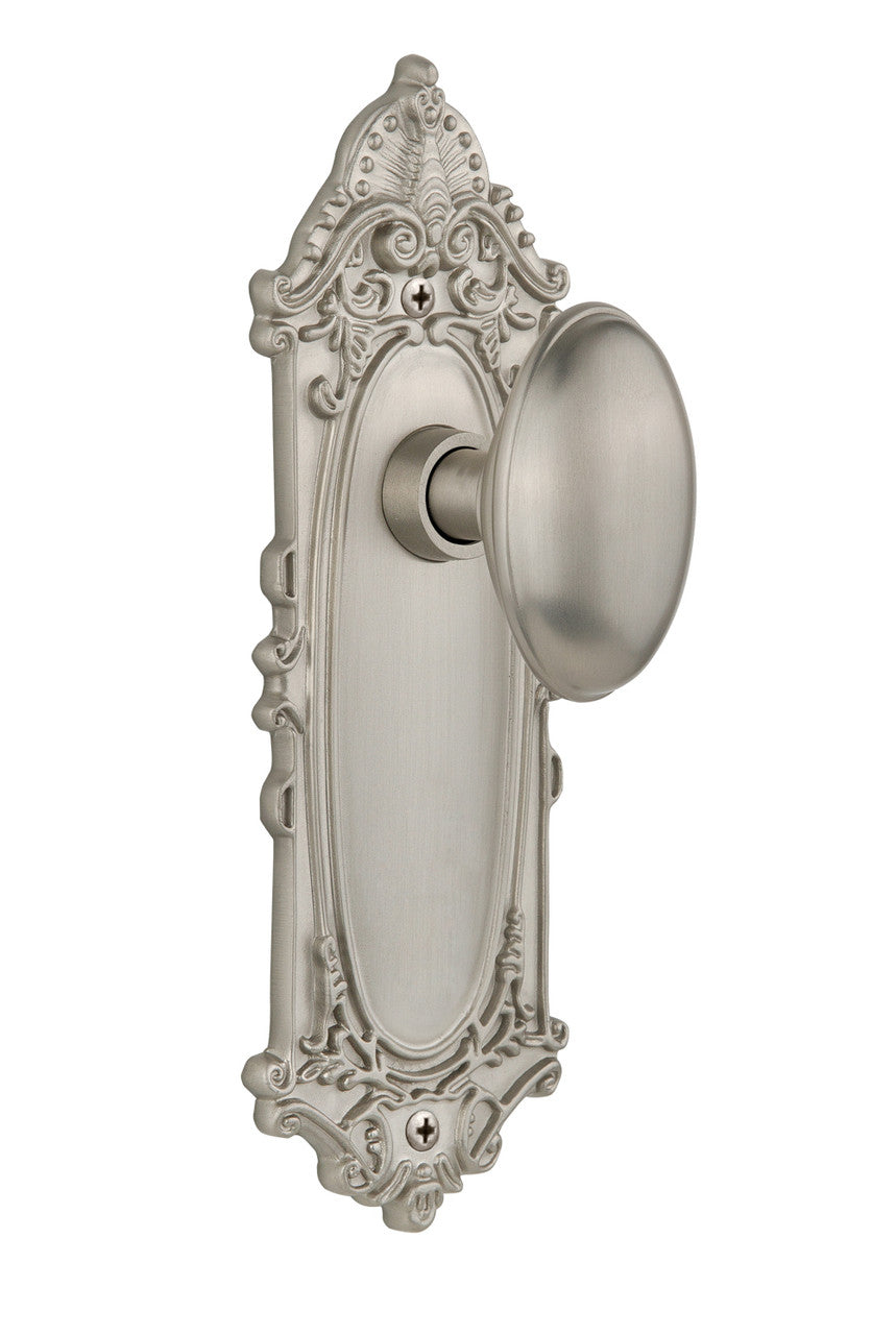 Nostalgic 704008: Victorian Backplate w/Homestead Knob Passage Door Set - Satin Nickel