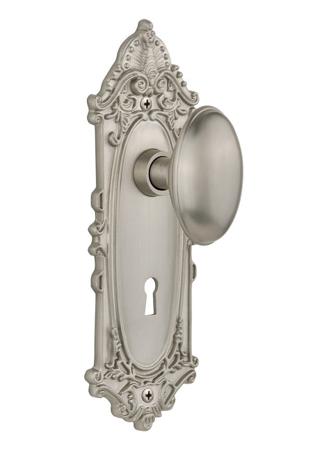 Nostalgic 704026: Victorian Backplate w/Homestead Knob Privacy Door Set - Satin Nickel