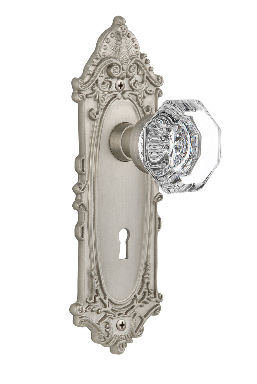 Nostalgic 704080: Victorian Backplate w/Waldorf Knob Passage Door Set - Satin Nickel