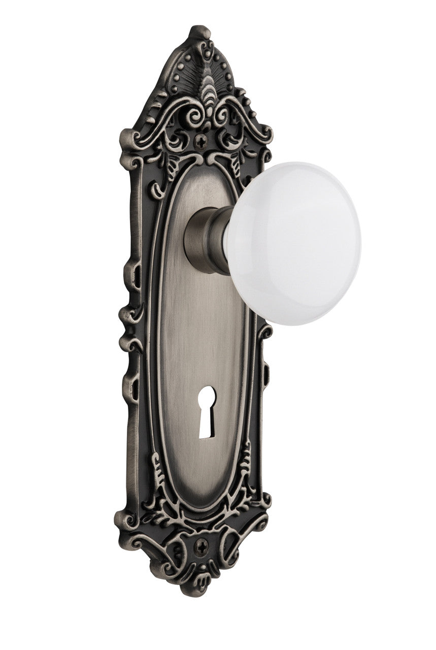 Nostalgic 704136: Victorian Backplate w/White Porcelain Knob Privacy Door Set - Antique Pewter
