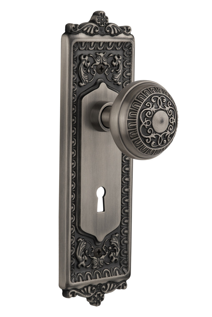 Nostalgic 704152: Egg & Dart Backplate w/Egg & Dart Knob Privacy Door Set - Antique Pewter