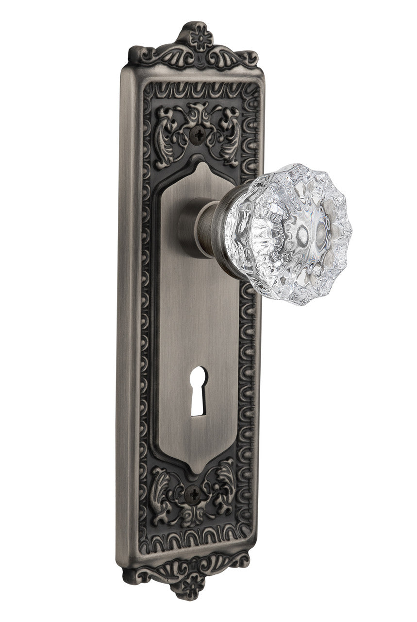 Nostalgic 704168: Egg & Dart Backplate w/Clear Crystal Glass Knob Privacy Door Set - Antique Pewter