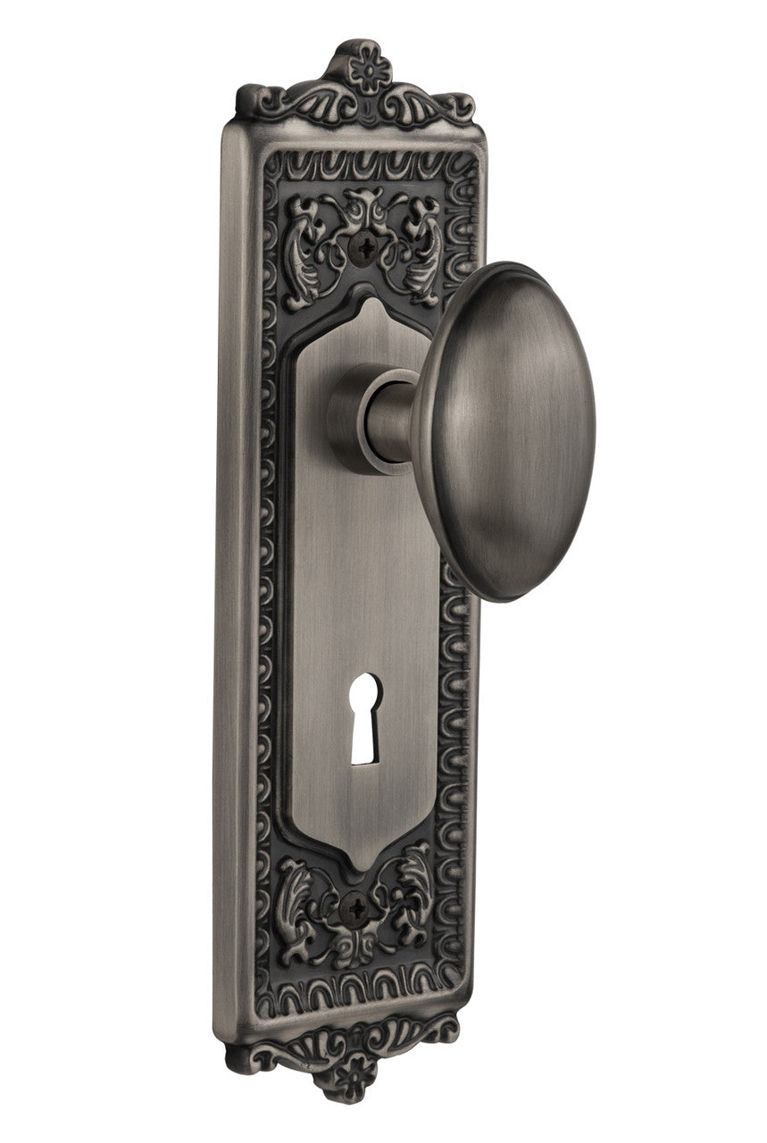 Nostalgic 704201: Egg & Dart Backplate w/Homestead Knob Privacy Door Set - Antique Pewter