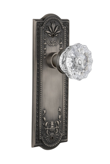 Nostalgic 704306: Meadows Backplate w/Clear Crystal Glass Knob Passage Door Set - Antique Pewter