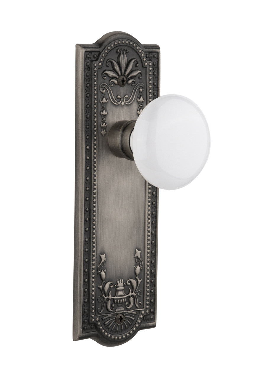 Nostalgic 704416: Meadows Backplate w/White Porcelain Knob Privacy Door Set - Antique Pewter