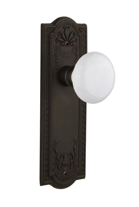 Nostalgic 704419: Meadows Backplate w/White Porcelain Knob Passage Door Set - Oil-Rubbed Bronze