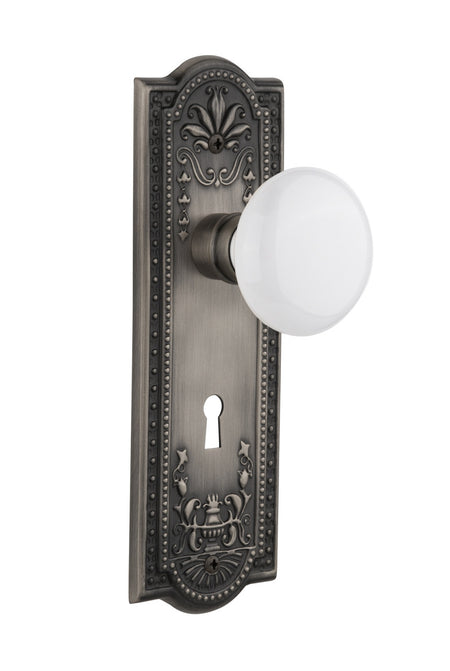 Nostalgic 704424: Meadows Backplate w/White Porcelain Knob Privacy Door Set - Antique Pewter