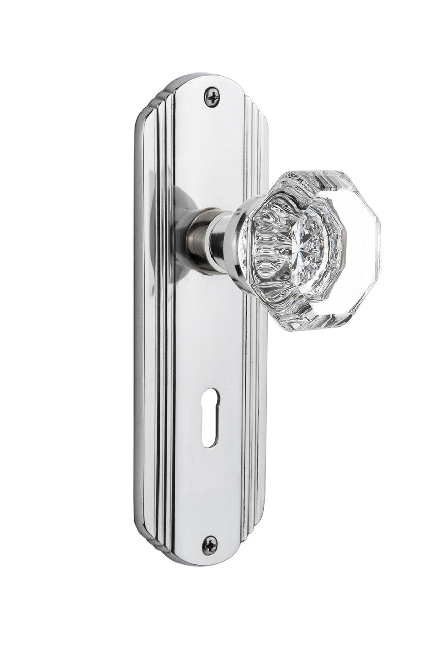 Nostalgic 704443: Deco Backplate w/Waldorf Knob Passage Door Set - Bright Chrome