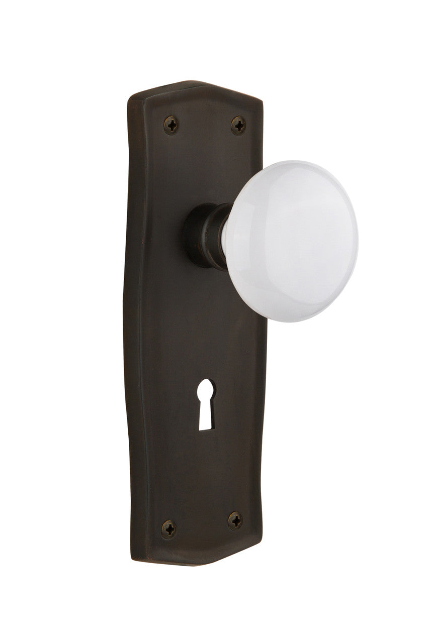Nostalgic 704522: Prairie Backplate w/White Porcelain Knob Privacy Door Set - Oil-Rubbed Bronze