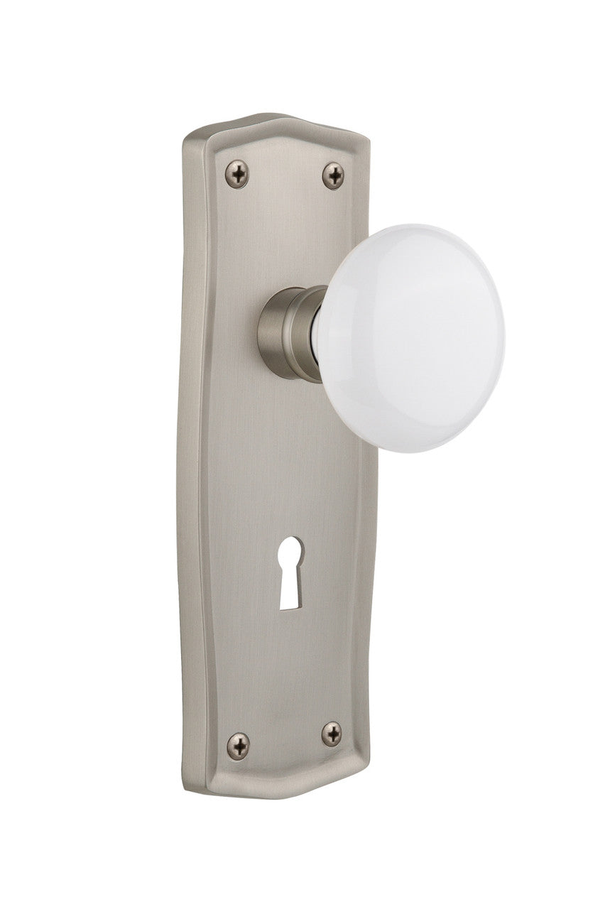 Nostalgic 704525: Prairie Backplate w/White Porcelain Knob Passage Door Set - Satin Nickel