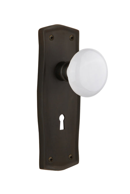 Nostalgic 704534: Prairie Backplate w/White Porcelain Knob Single Dummy Door Set - Oil-Rubbed Bronze