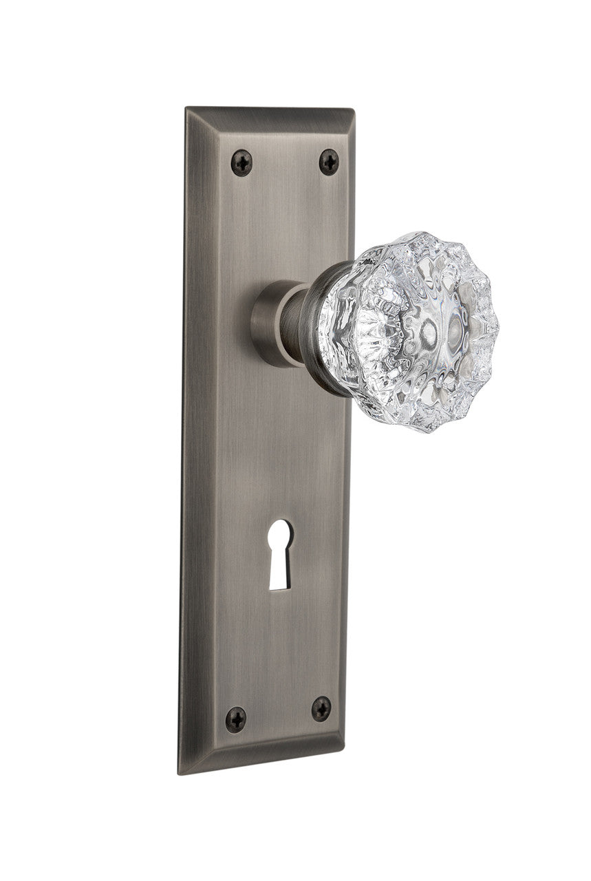 Nostalgic 704561: New York Backplate w/Clear Crystal Glass Knob Passage Door Set - Antique Pewter