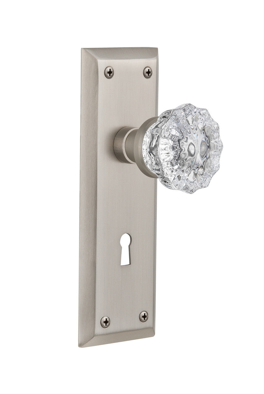 Nostalgic 704562: New York Backplate w/Clear Crystal Glass Knob Passage Door Set - Satin Nickel