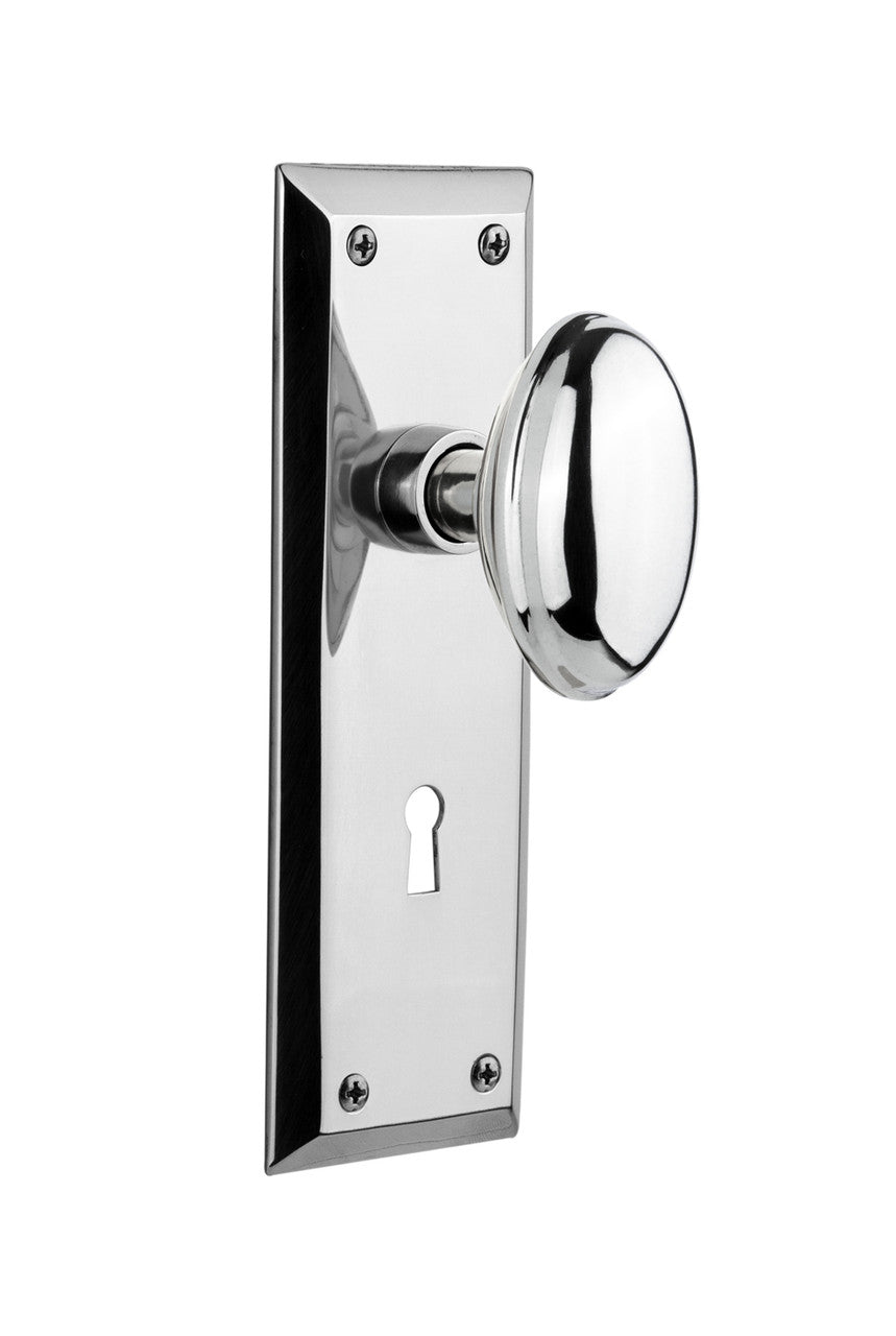 Nostalgic 704588: New York Backplate w/Homestead Knob Passage Door Set - Bright Chrome