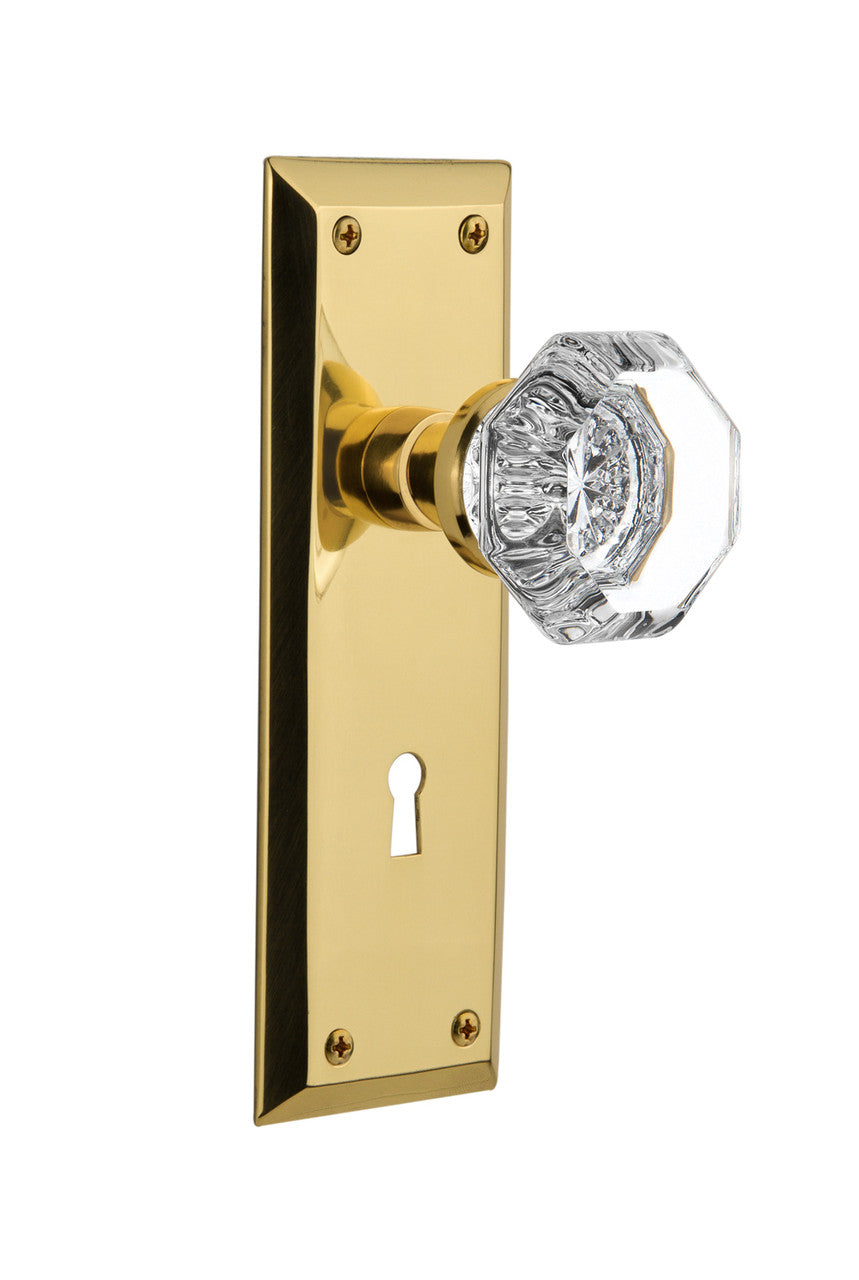 Nostalgic 704604: New York Backplate w/Waldorf Knob Privacy Door Set - Polished Brass