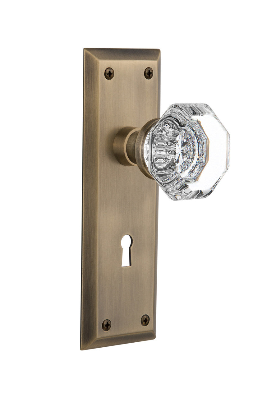 Nostalgic 704608: New York Backplate w/Waldorf Knob Privacy Door Set - Antique Brass