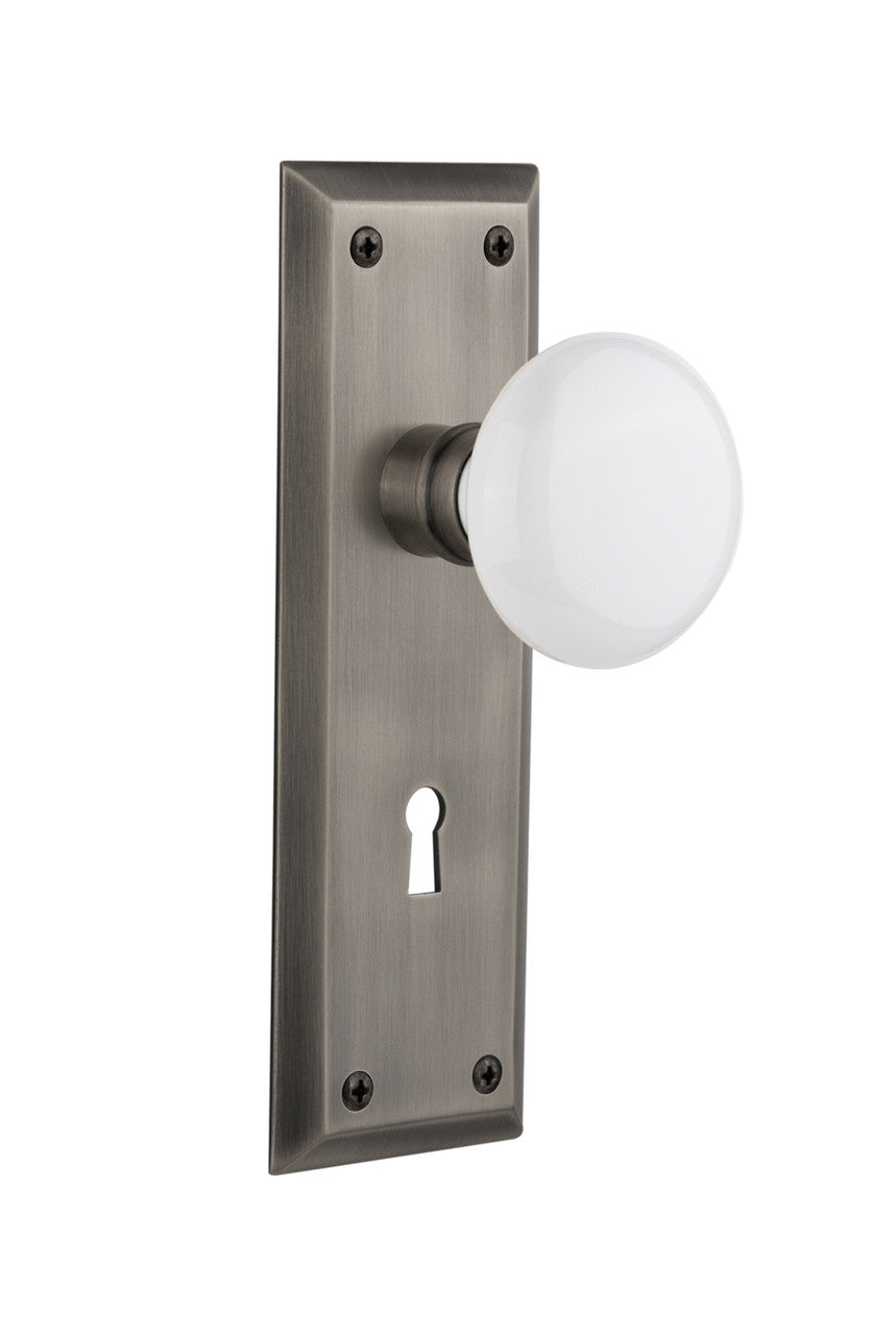 Nostalgic 704632: New York Backplate w/White Porcelain Knob Privacy Door Set - Antique Pewter