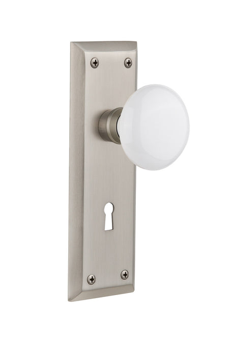 Nostalgic 704648: New York Backplate w/White Porcelain Knob Single Dummy Door Set - Satin Nickel