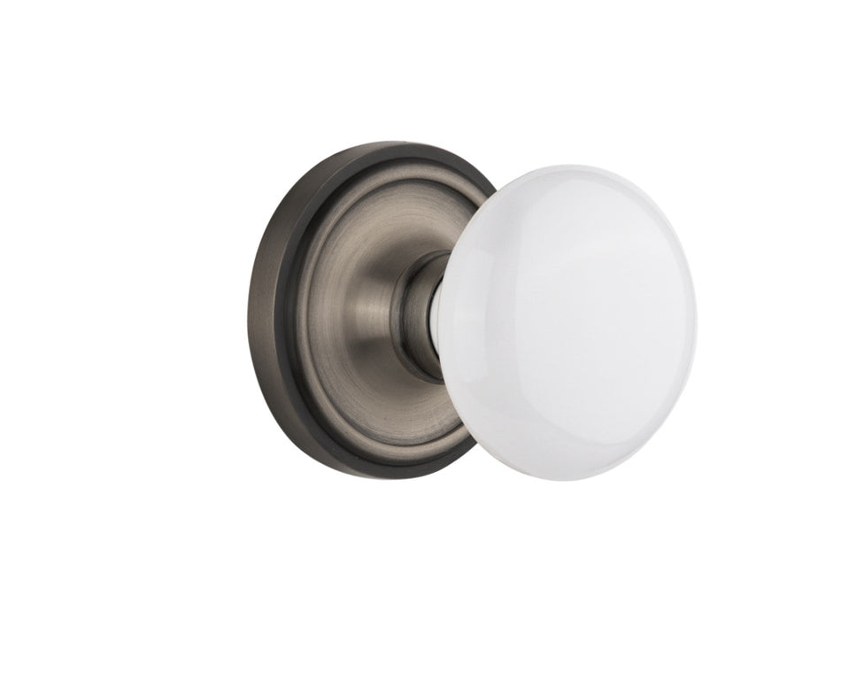 Nostalgic 704842: Classic Rosette w/White Porcelain Knob Privacy Door Set - Antique Pewter