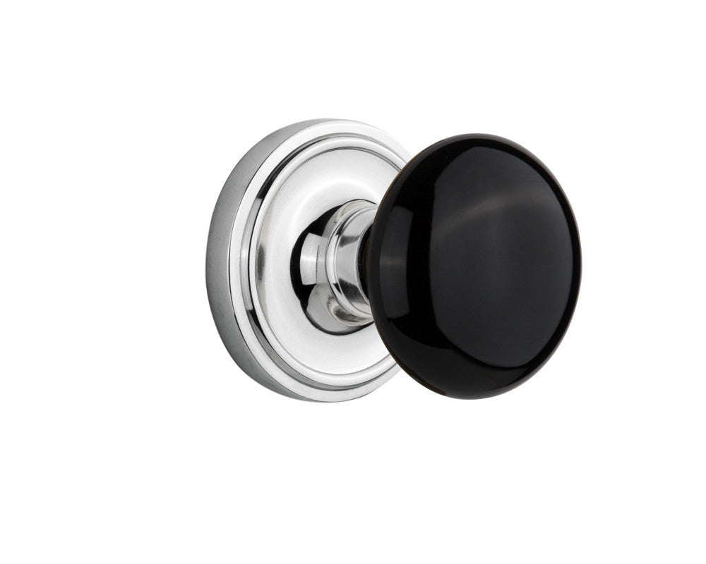 Nostalgic 710002: Classic Rosette w/Black Porcelain Knob Passage Door Set - Bright Chrome