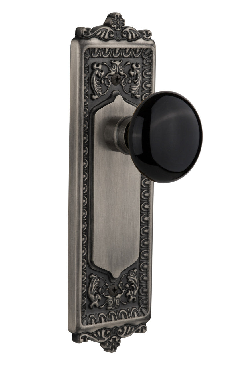 Nostalgic 710008: Egg & Dart Backplate w/Black Porcelain Knob Passage Door Set - Antique Pewter