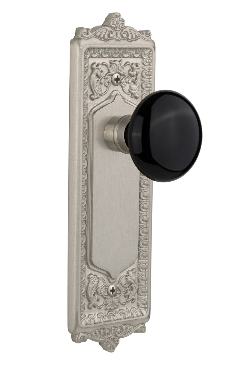 Nostalgic 710012: Egg & Dart Backplate w/Black Porcelain Knob Passage Door Set - Satin Nickel