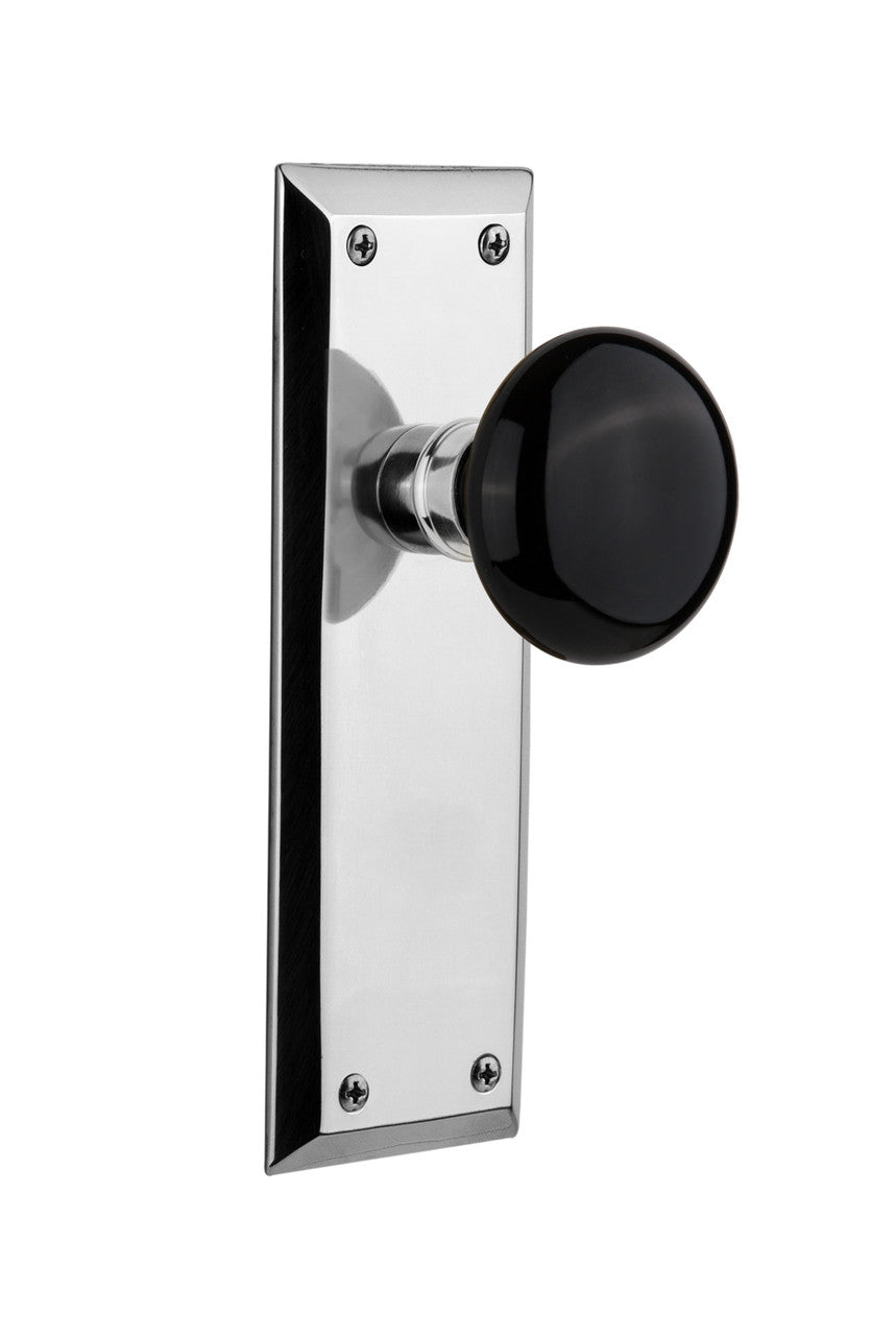 Nostalgic 710023: New York Backplate w/Black Porcelain Knob Passage Door Set - Bright Chrome