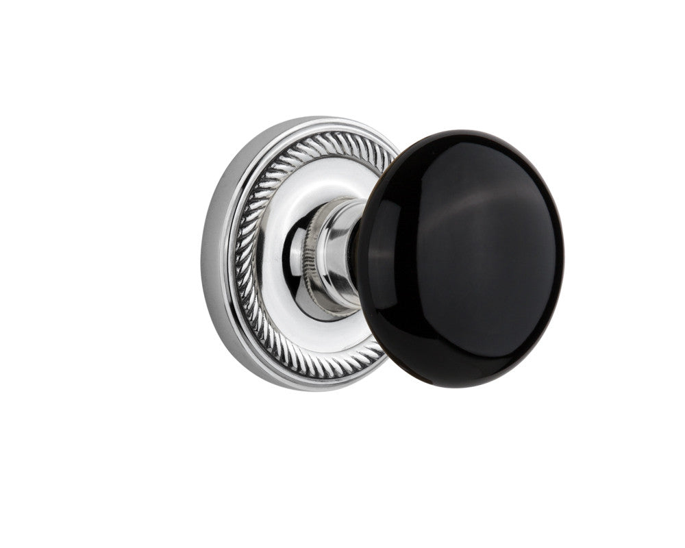 Nostalgic 710030: Rope Rosette w/Black Porcelain Knob Passage Door Set - Bright Chrome