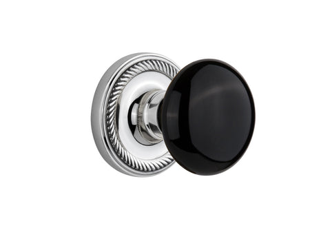 Nostalgic 710030: Rope Rosette w/Black Porcelain Knob Passage Door Set - Bright Chrome